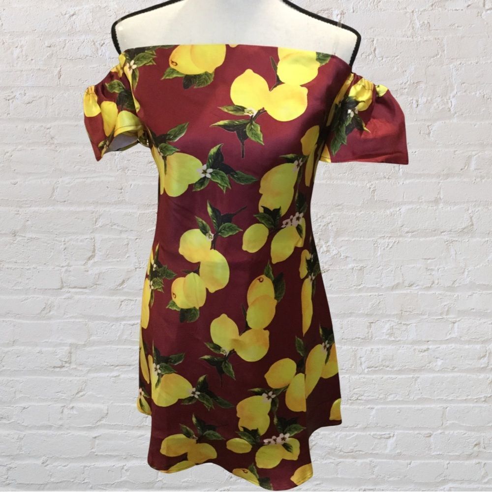 NWT, Lemon-Print Knee-Length Off Shoulder Dress in Dark Red - Med & Large - Picture 4 of 8